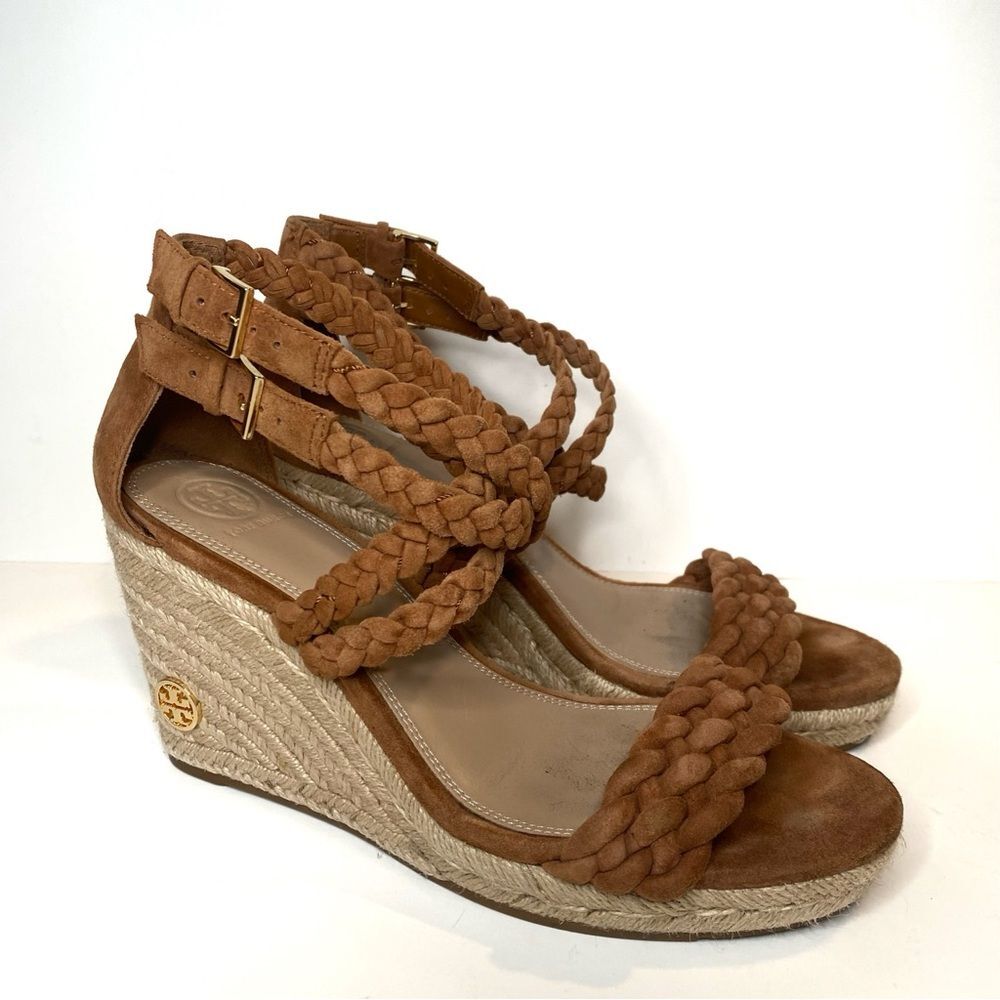 Tory Burch Bailey Suede Leather Espadrille Platform Wedge Brown 8.5 Ankle Straps
